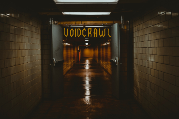 Doors in an abandoned builden open, long hallway, the words Voidcrawl Procedures for Liminal Horror